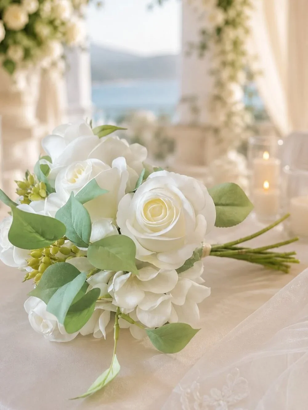 Custom Made Realistic Wedding  Bouquet Silk Roses, Sage & Eucalyptus Greenery